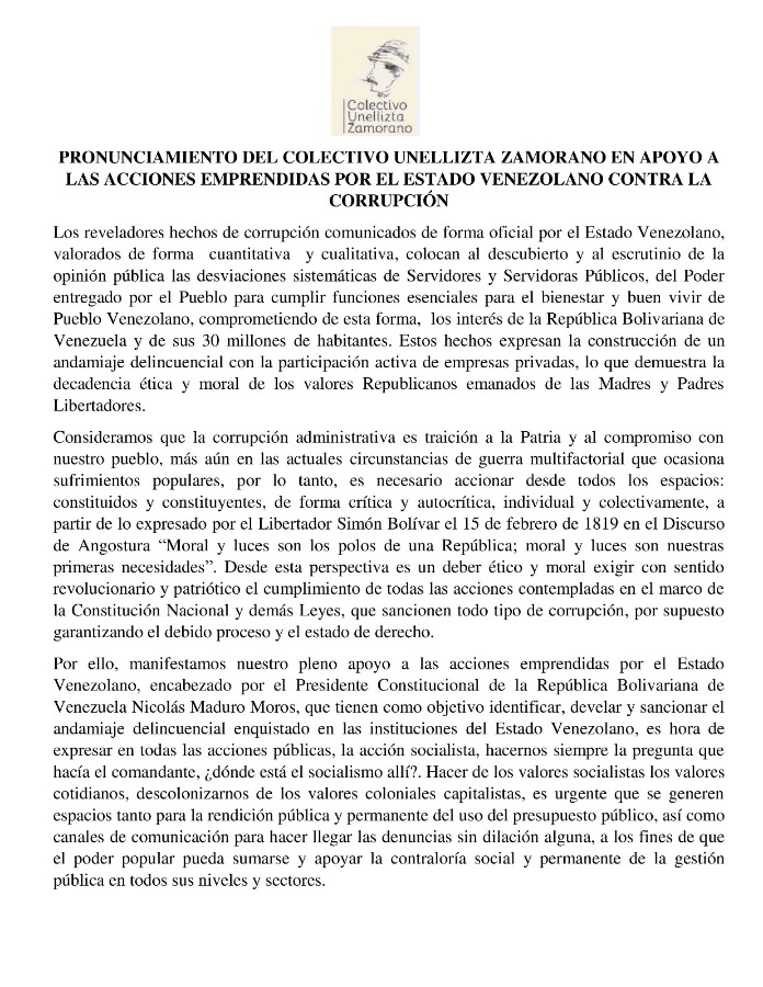 Pronunciamiento del Colectivo Unellizta Zamorano en apoyo a las acciones  contra la corrupción
